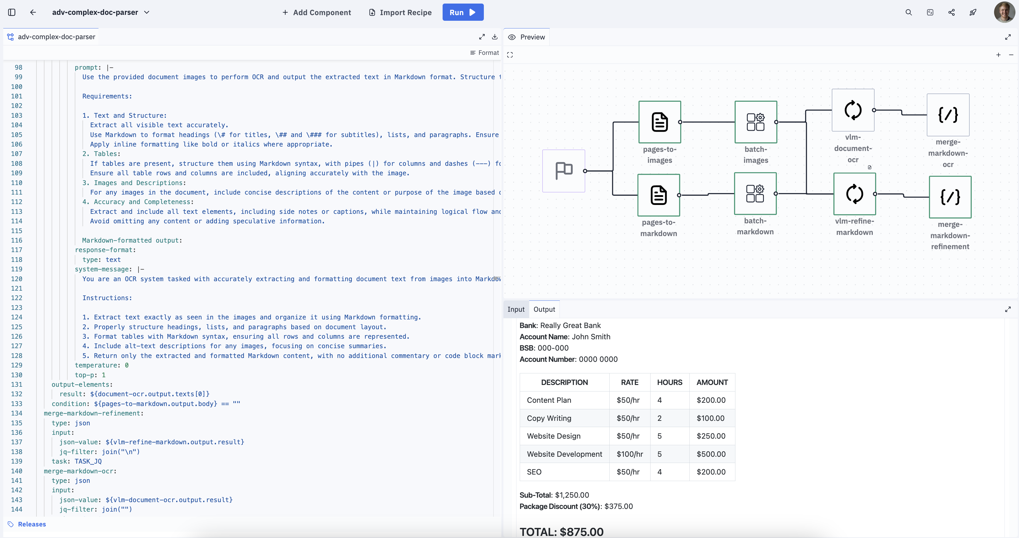 Advanced complex document parsing pipeline from inside the pipeline editor.