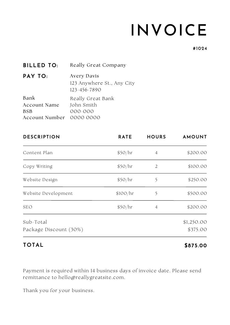 Example invoice with tabular data.