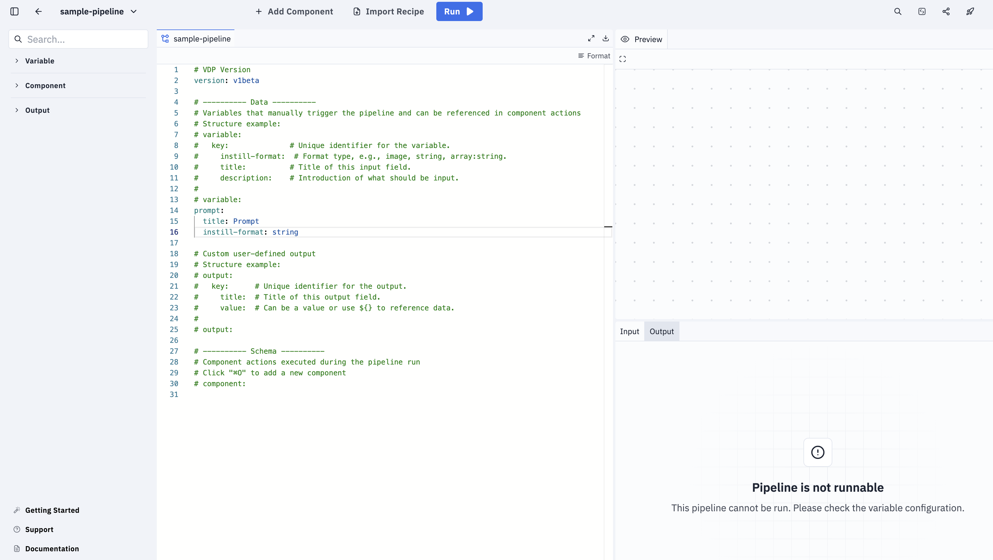 Pipeline editor (left), pipeline preview & input/output (right)