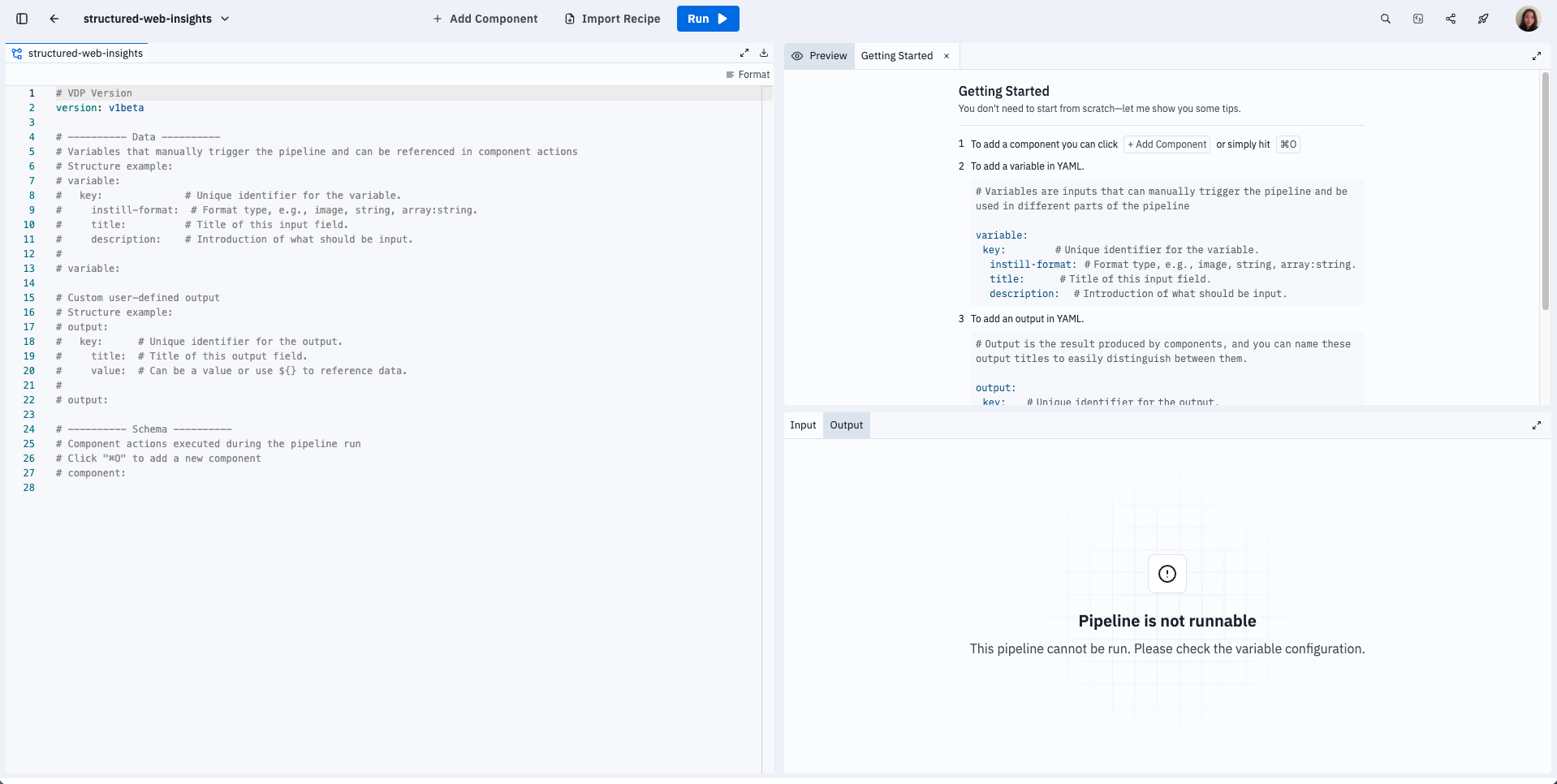 Recipe editor (left), pipeline preview & input/output (right)